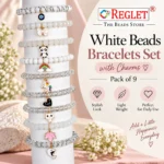 White Glass Bracelets with Charms – Pack of 9, 8mm Stretchable - Image 5