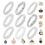 White Glass Bracelets with Charms – Pack of 9, 8mm Stretchable - Image 6