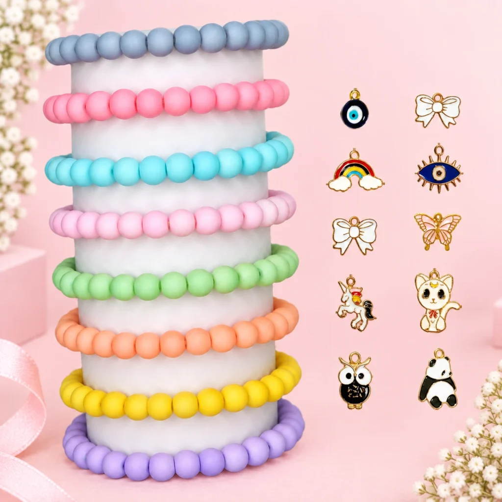 Pastel glass bracelets with 10 metal charms, 8-piece 8mm stretchable set