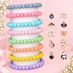 Pastel glass bracelets with 10 metal charms, 8-piece 8mm stretchable set