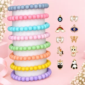 Pastel glass bracelets with 10 metal charms, 8-piece 8mm stretchable set