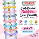 Pastel Glass Bracelets with Charms – Pack of 8, 8mm Stretchable Set - Image 5