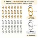 S Hooks - Gold & Silver Finish Jewellery Findings - 270 Pcs - 10mm * 5mm - Image 2