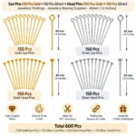 Eye Pins 300 Pcs + Head Pins 300 Pcs – Gold & Silver Finish Jewellery Findings - 40mm [1.6 Inches] - Image 2