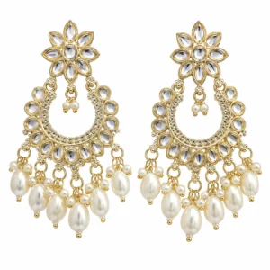 REGLET J3 Kundan Chandbali Earrings with pearl accents in gold tone