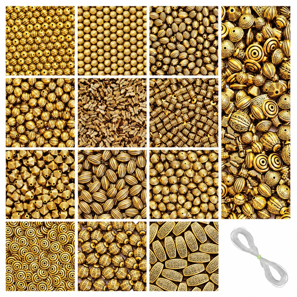 REGLET 340 Pcs Golden Antique Beads Kit with 12 Vintage-Inspired Designs, Assorted 8mm–22mm Sizes, 280g and 5 Metres Elastic Thread