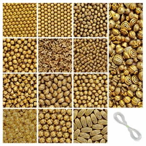 REGLET 340 Pcs Golden Antique Beads Kit with 12 Vintage-Inspired Designs, Assorted 8mm–22mm Sizes, 280g and 5 Metres Elastic Thread