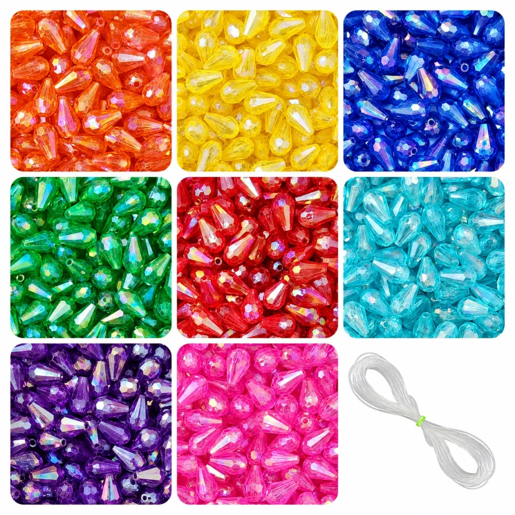 REGLET 760 Pcs Drop Crystal Beads Kit with 8 Colours, 12mm × 8mm Acrylic Teardrop Beads, 200g and 5m Elastic Thread