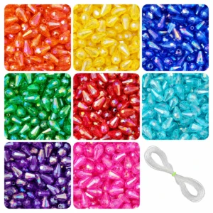 REGLET 760 Pcs Drop Crystal Beads Kit with 8 Colours, 12mm × 8mm Acrylic Teardrop Beads, 200g and 5m Elastic Thread
