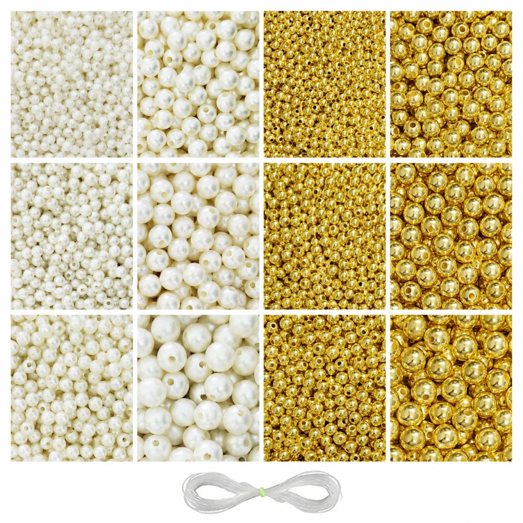 Golden and Off-White Pearl Beads for Jewellery Making Kit – 3600 Pcs, 6 Sizes | REGLET