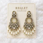 Antique Gold Chandbali Earrings for Women – Kundan Pearl Dangle Jewellery | REGLET J30 - Image 2