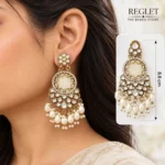 Antique Gold Chandbali Earrings for Women – Kundan Pearl Dangle Jewellery | REGLET J30 - Image 4