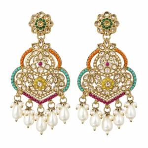 Multicolour Chandbali Earrings for Women – Gold Tone Kundan Pearl Dangle Jewellery
