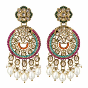 Multicolour Kundan Chandbali Earrings for Women – Gold Tone Pearl Drop Jewellery