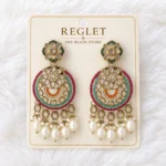 Multicolour Kundan Chandbali Earrings for Women – Gold Tone Pearl Drop Jewellery | REGLET J32 - Image 2