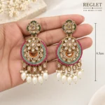 Multicolour Kundan Chandbali Earrings for Women – Gold Tone Pearl Drop Jewellery | REGLET J32 - Image 3