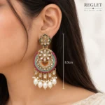Multicolour Kundan Chandbali Earrings for Women – Gold Tone Pearl Drop Jewellery | REGLET J32 - Image 4