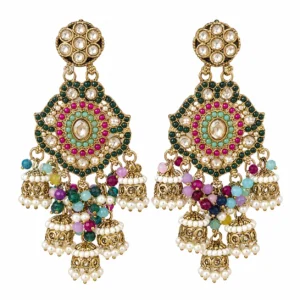 Multicolour Kundan Jhumka Earrings for Women – Gold Tone Pearl Dangle Jewellery