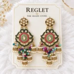 Multicolour Kundan Jhumka Earrings for Women – Gold Tone Pearl Dangle Jewellery | REGLET J33 - Image 2