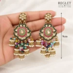 Multicolour Kundan Jhumka Earrings for Women – Gold Tone Pearl Dangle Jewellery | REGLET J33 - Image 3