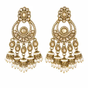Golden Chandbali Jhumka Earrings for Women – Kundan Pearl Dangle Jewellery