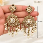 Golden Chandbali Earrings for Women – Kundan Pearl Dangle Jewellery | REGLET J36 - Image 3