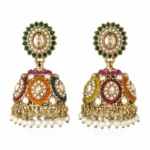 Shop REGLET J37 Multicolour Jhumka Earrings featuring a gold-tone finish, Kundan-style decorative stonework and elegant pearl accents for weddings, festivals and celebrations.