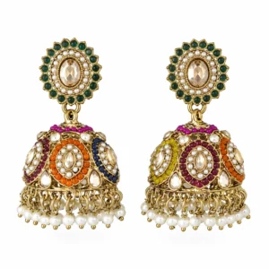 Shop REGLET J37 Multicolour Jhumka Earrings featuring a gold-tone finish, Kundan-style decorative stonework and elegant pearl accents for weddings, festivals and celebrations.