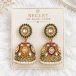 Multicolour Jhumka Earrings for Women – Gold Tone Kundan Pearl Dangle Jewellery | REGLET J37 - Image 2