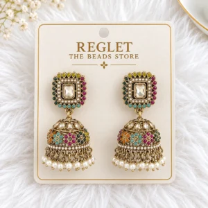Traditional Multicolour Jhumka Earrings for Women – Gold Tone Kundan Pearl Jewellery