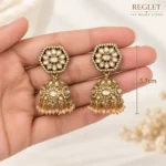 Antique Gold Jhumka Earrings for Women – Kundan-Style Floral Dangle Jewellery | REGLET J39 - Image 3