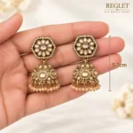 Antique Gold Jhumka Earrings for Women – Kundan-Style Floral Dangle Jewellery | REGLET J39 - Image 6