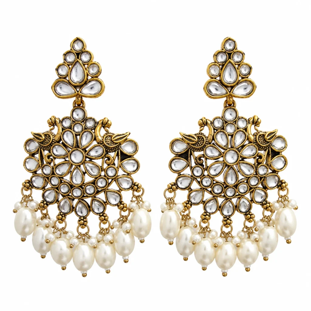Antique Gold Chandbali Earrings for Women – Kundan Pearl Traditional Jewellery | REGLET J10