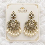 Antique Gold Chandbali Earrings for Women – Kundan Pearl Traditional Jewellery | REGLET J10 - Image 2