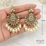 Antique Gold Chandbali Earrings for Women – Kundan Pearl Traditional Jewellery | REGLET J10 - Image 3