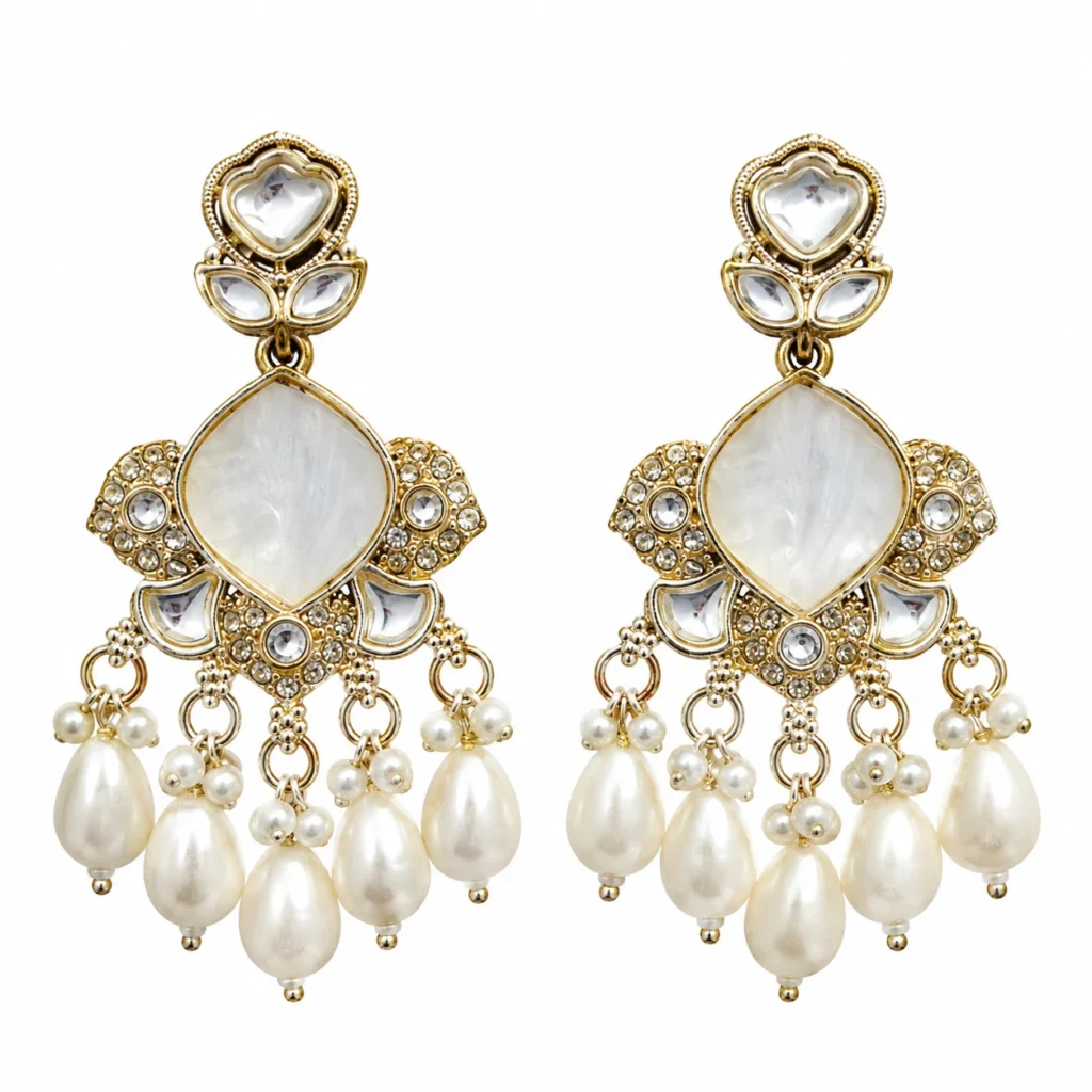 Kundan Pearl Chandbali Earrings for Women – Gold Tone Traditional Jewellery | REGLET J11