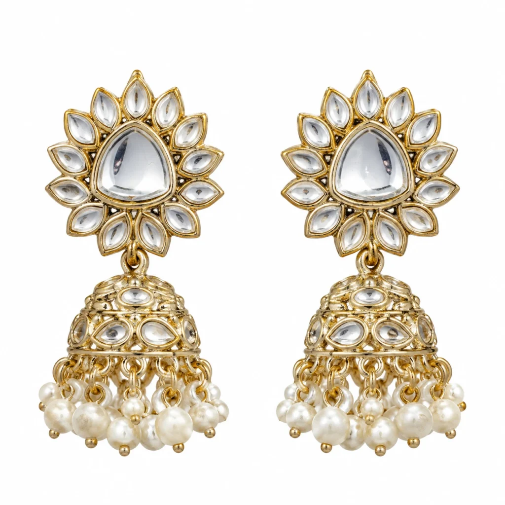 Kundan Pearl Jhumka Earrings for Women – Gold Tone Traditional Jewellery | REGLET J15