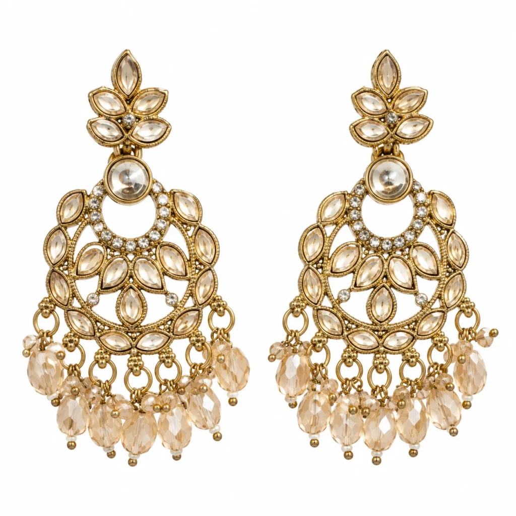 Kundan Chandbali Earrings for Women – Gold Tone Traditional Dangle Jewellery | REGLET J16