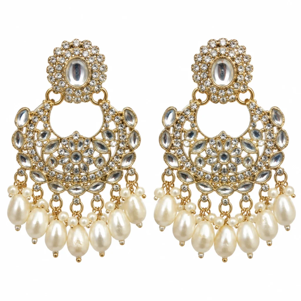 Kundan Pearl Chandbali Earrings for Women – Gold Tone Traditional Jewellery | REGLET J19