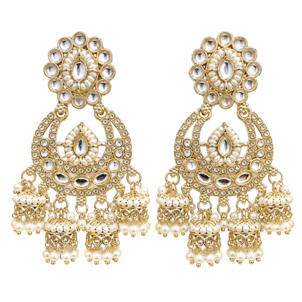 REGLET Kundan Jhumka Earrings J2 with pearl accents in gold tone