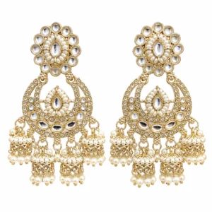 REGLET Kundan Jhumka Earrings J2 with pearl accents in gold tone