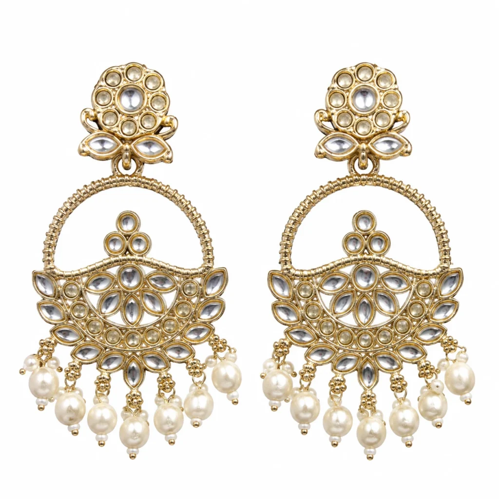 Kundan Pearl Chandbali Earrings for Women – Gold Tone Traditional Jewellery