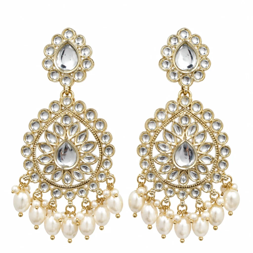Kundan Pearl Chandbali Earrings for Women – Gold Tone Traditional Jewellery