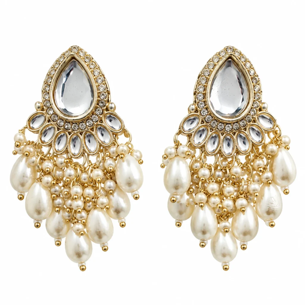 Kundan Pearl Chandbali Earrings for Women – Gold Tone Traditional Jewellery