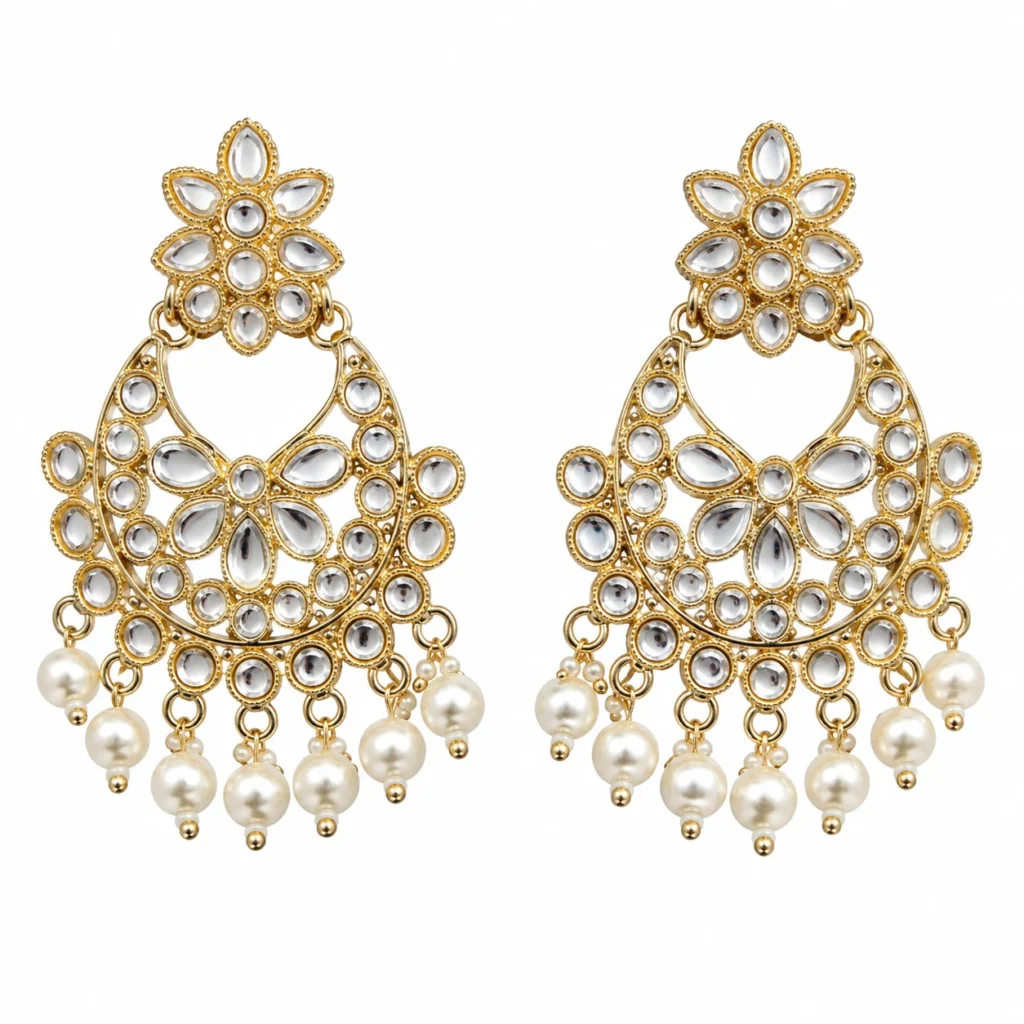 Shop REGLET Kundan Pearl Chandbali Earrings J24 in an elegant gold tone with Kundan-style detailing and pearl accents. Ideal for weddings, festivals and ethnic outfits.