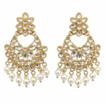 Shop REGLET Kundan Pearl Chandbali Earrings J24 in an elegant gold tone with Kundan-style detailing and pearl accents. Ideal for weddings, festivals and ethnic outfits.