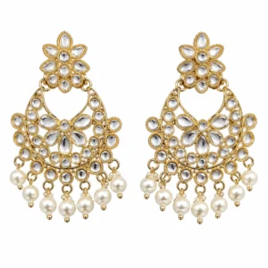 Shop REGLET Kundan Pearl Chandbali Earrings J24 in an elegant gold tone with Kundan-style detailing and pearl accents. Ideal for weddings, festivals and ethnic outfits.