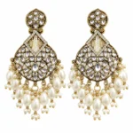 antique gold Chandbali earrings with Kundan-style detailing and pearl accents