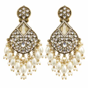 antique gold Chandbali earrings with Kundan-style detailing and pearl accents
