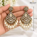 Antique Gold Chandbali Earrings with Kundan & Pearls | Traditional Dangle Jewellery for Women - Image 6